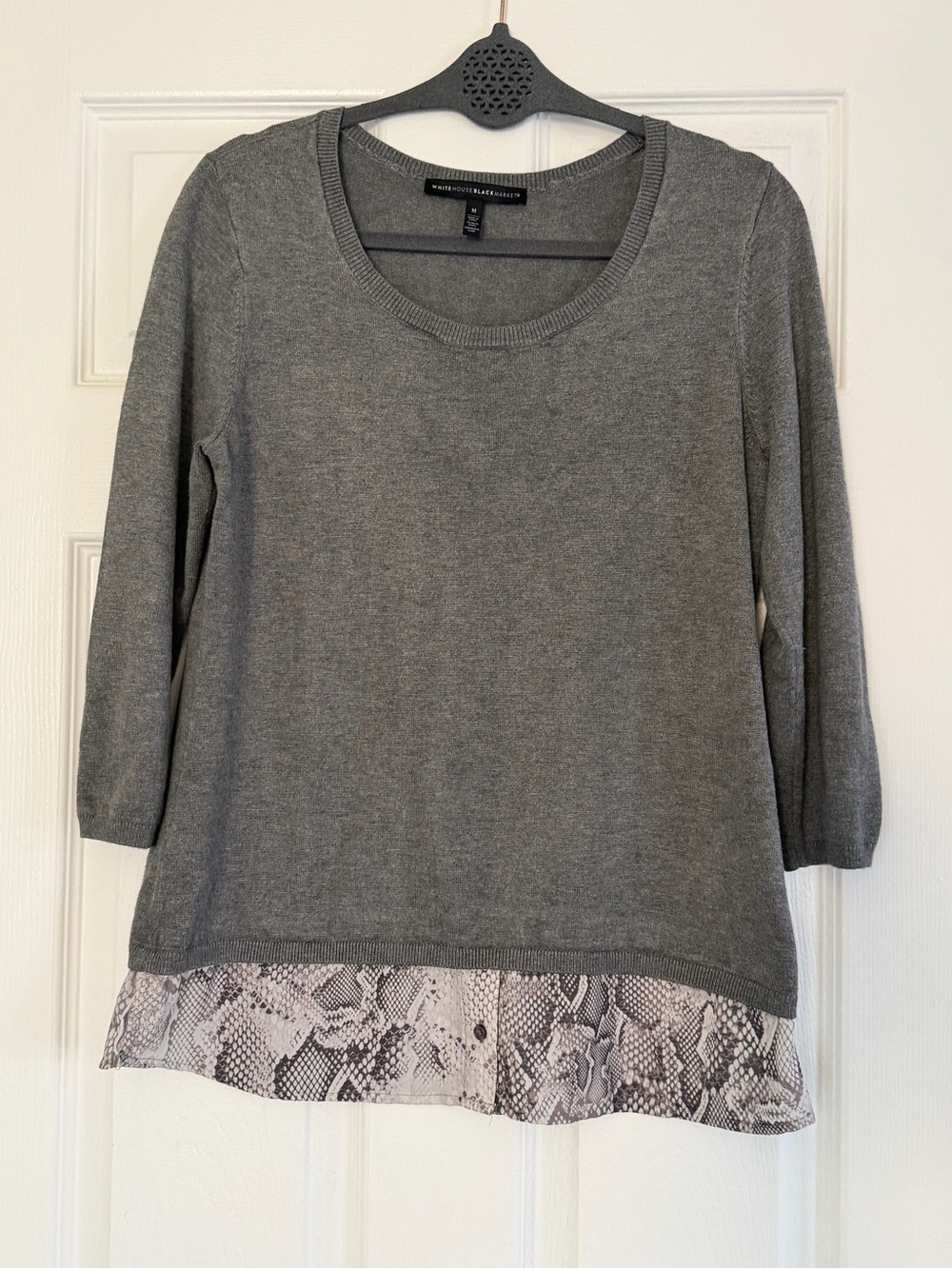 White House Black Market Gray Layered Sweater Snake Print Hem 3/4 Sleeve Medium